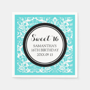 Servilleta De Papel Dulce personalizado 16 Napkin Aqua Damasco Negro