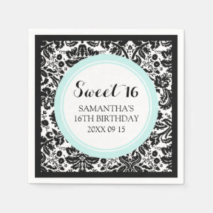 Servilleta De Papel Dulce personalizado 16 Napkin Aqua Damasco Negro