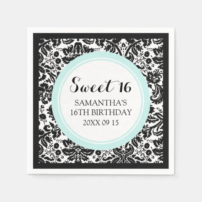 Servilleta De Papel Dulce personalizado 16 Napkin Aqua Damasco Negro (Anverso)