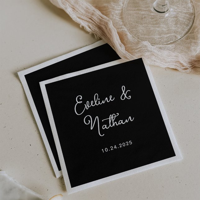 Servilleta De Papel Dulce y caprichoso | Boda negro (Stylish black wedding napkins with your names in whimsical script)