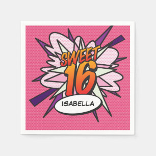 Servilleta De Papel Dulces 16 Cumpleaños Divertido Retro Cómic Rosa