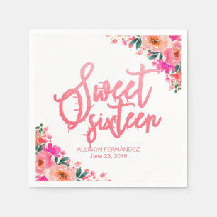 Servilleta De Papel Dulces Dieciséis Floral Acuarela Rosa Brillante