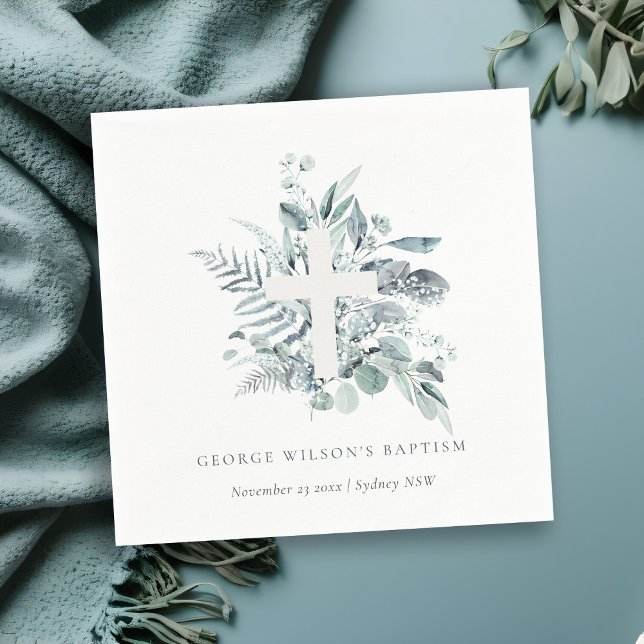 Servilleta De Papel Dusky Blue Eucalyptus Fern Foliage Cross Baptism (Subido por el creador)