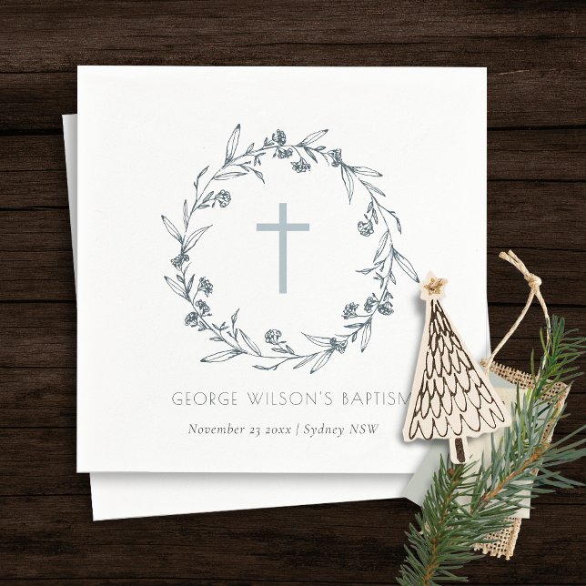 Servilleta De Papel Dusky Blue Floral Laurel Wreath Monograma Baptismo (Subido por el creador)