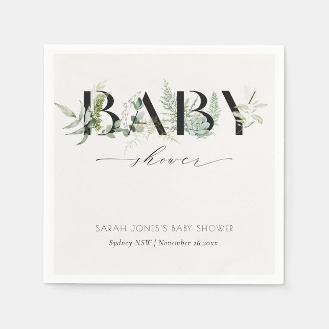 Servilleta De Papel Dusky Leafy Fern Succulent Script Baby Shower (Anverso)