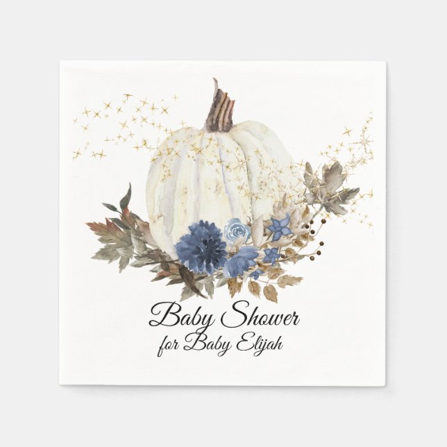 Servilleta De Papel Duste Blue Floral Fall Pumpkin Gold Baby Shower (Anverso)