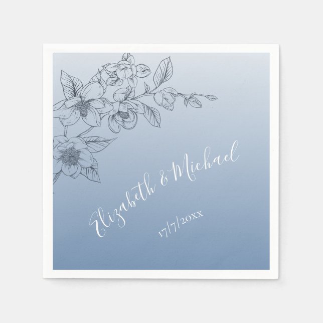 Servilleta De Papel Duste Blue Floral Line Art | Boda personalizada (Anverso)
