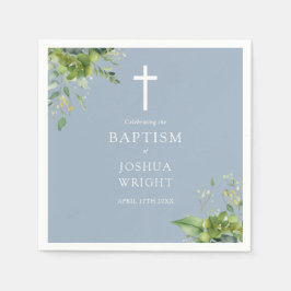 Servilleta De Papel Duste Blue Greenery Baptism Floral Christening