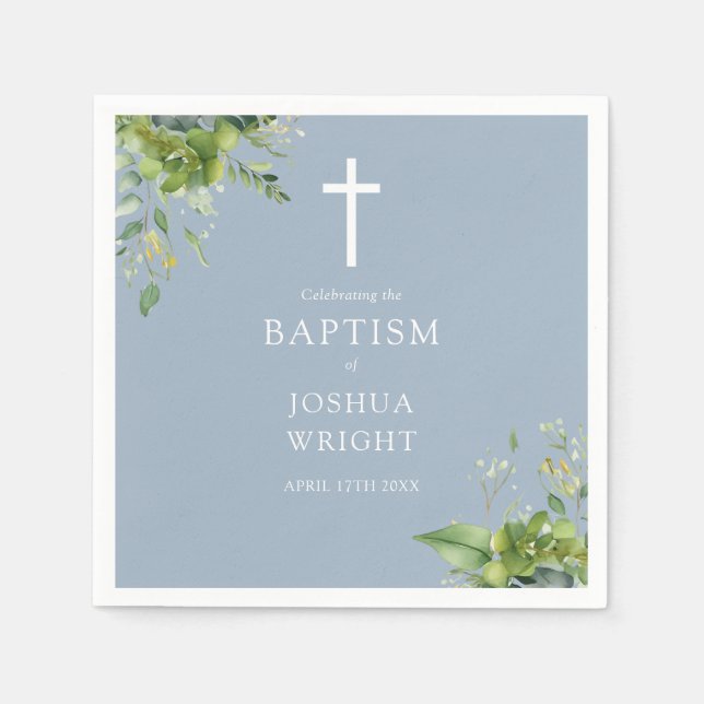 Servilleta De Papel Duste Blue Greenery Baptism Floral Christening (Anverso)