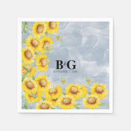 Servilleta De Papel Duste Blue Watercolor Sunflowers Monograma Boda