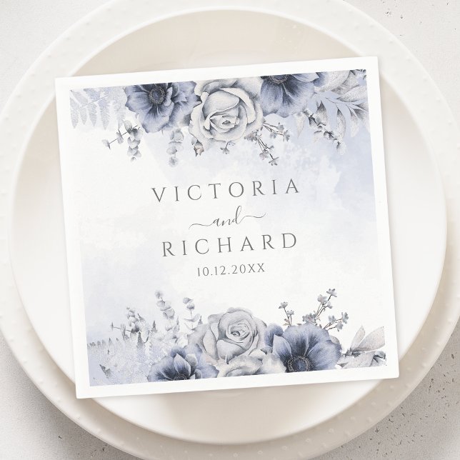 Servilleta De Papel Duste Blue Y Navy Floral Elegante Boda (Subido por el creador)
