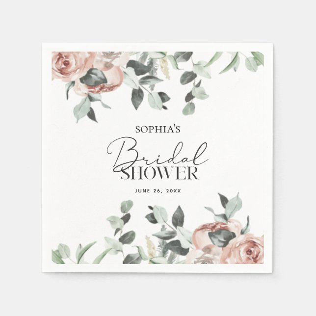 Servilleta De Papel Duste Rubor rosa Floral Eucalyptus Bridal Shower (Anverso)
