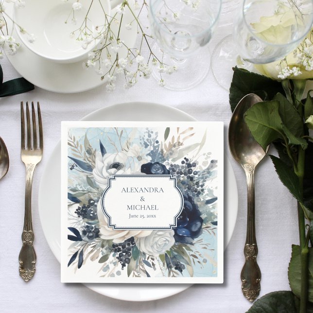 Servilleta De Papel Dusty Blue and Navy Floral Elegant Wedding (Subido por el creador)