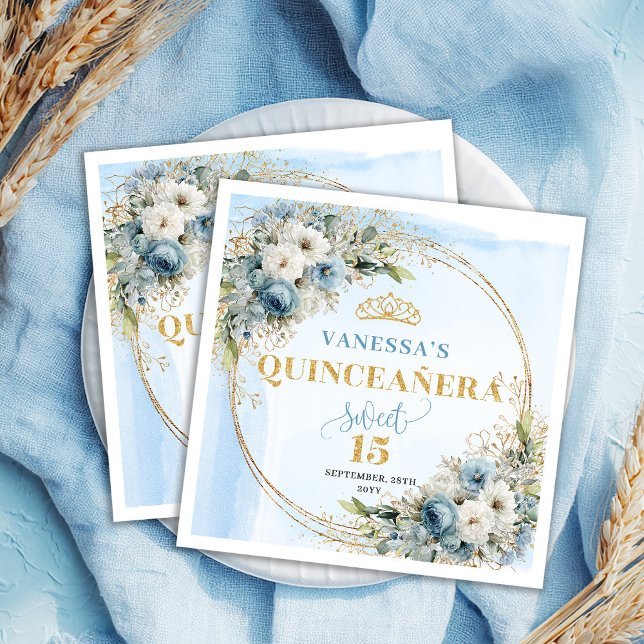 Servilleta De Papel Dusty Blue Boho Greenery Gold Glitter Quinceañera  (Dusty Blue Boho Greenery Gold Glitter Quinceañera Napkins)