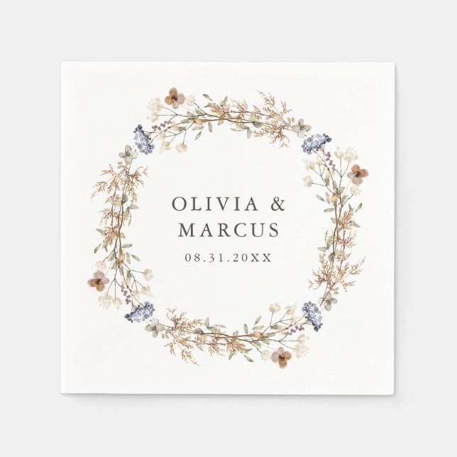 Servilleta De Papel Dusty Blue Boho Wildflower Wreath Boda (Anverso)