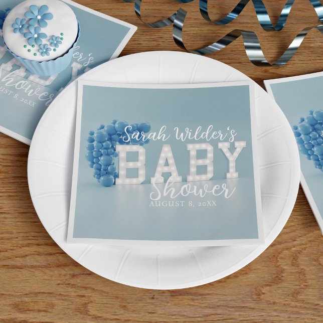 Servilleta De Papel Dusty Blue Boy Balloon Arch Baby Shower Fiesta (A blue baby shower paper napkin with space for your party details)