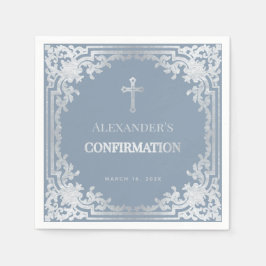 Servilleta De Papel Dusty Blue Boy Confirmación Elegante Faux Silver