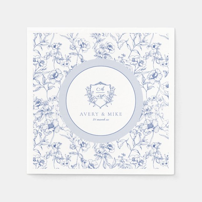 Servilleta De Papel Dusty Blue Elegant Rosas de época Escudo Boda (Anverso)