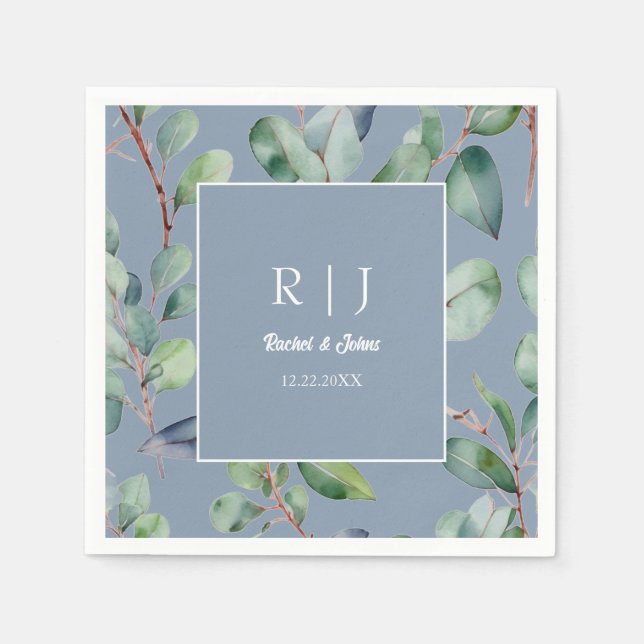 Servilleta De Papel Dusty Blue Eucalyptus Monograma Greenera Boda (Anverso)