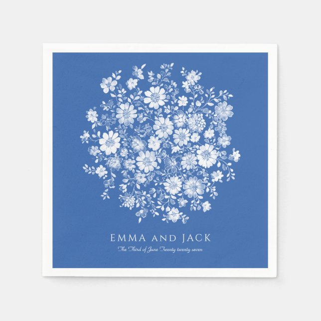 Servilleta De Papel Dusty Blue Floral Bouquet Wedding names and date (Anverso)