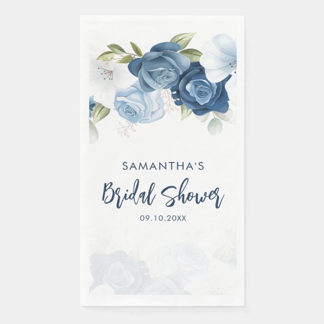 Servilleta De Papel Dusty Blue Floral Bridal Shower Personalizada (Anverso)
