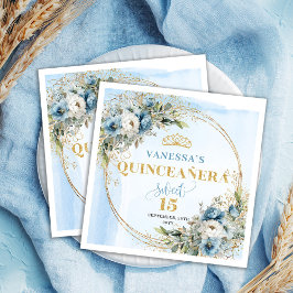 Servilleta De Papel Dusty Blue Floral Gold Boho Quinceañera Napkins