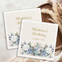 Dusty Blue Floral Gold Feliz nombre de cumpleaños