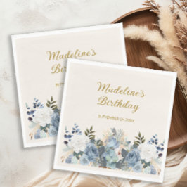 Servilleta De Papel Dusty Blue Floral Gold Feliz nombre de cumpleaños