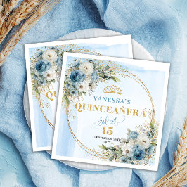 Servilleta De Papel Dusty Blue Floral Gold Frame 15th Birthday Napkins