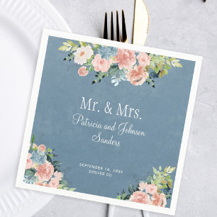 Servilleta De Papel Dusty blue floral Mr & Mrs elegante boda de guione
