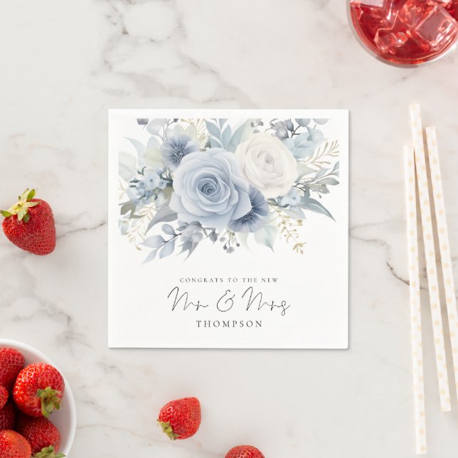 Servilleta De Papel Dusty Blue Florals Felicitaciones Sr. Sra. Boda (In situ)