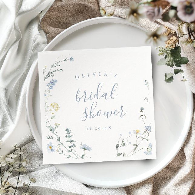 Servilleta De Papel Dusty Blue Flores Silvestres Rústico Boho Despedid (Dusty Blue Wildflower Rustic Boho Bridal Shower Napkins)