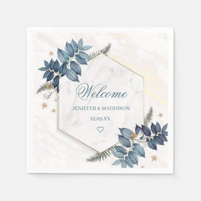 Servilleta De Papel Dusty Blue Flowes Boda personalizado bienvenida (Anverso)