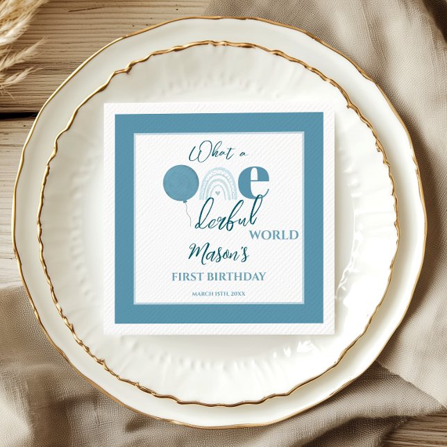 Servilleta De Papel Dusty Blue Framed Onederful World First Birthday (Subido por el creador)