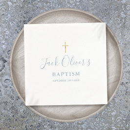 Servilleta De Papel Dusty Blue Gold Cross Baptism Christening