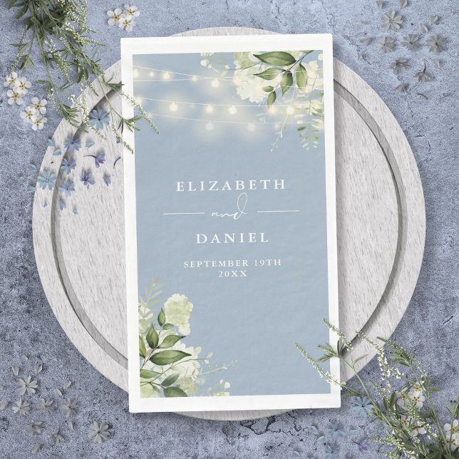 Servilleta De Papel Dusty Blue Greenery String Lights Boda (Dusty Blue Greenery String Lights Wedding Paper Guest Towels)