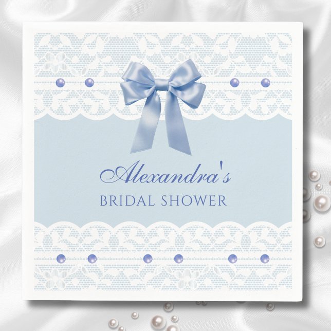 Servilleta De Papel Dusty Blue Pearls Satin Bow Lace Bridal Shower (Subido por el creador)