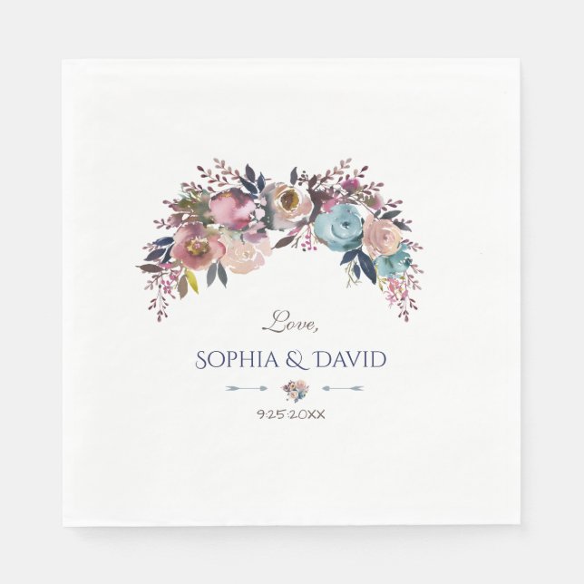 Servilleta De Papel Dusty Blue Pink Floral Bouquet Boda (Anverso)