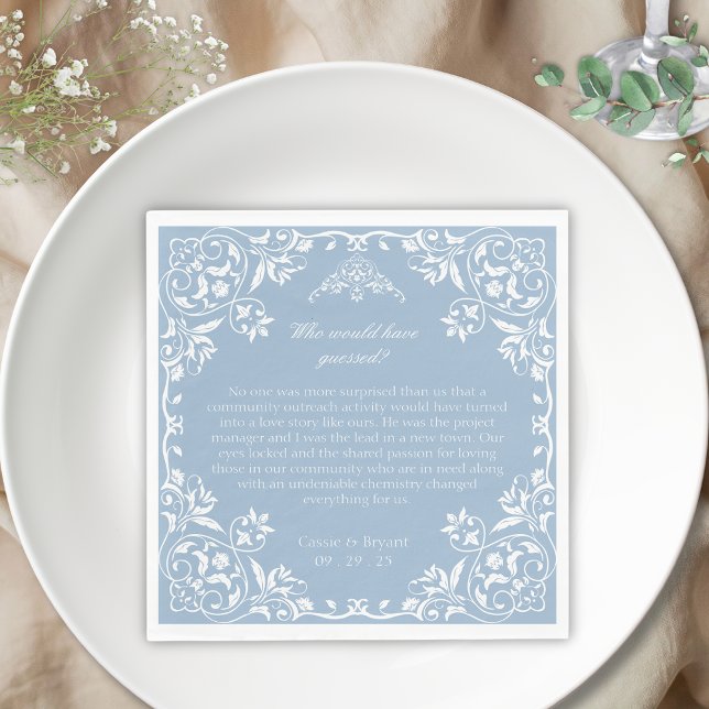 Servilleta De Papel Dusty Blue Regency Era Donde Nos Encontramos Con B (elegant dusty blue fun facts when how and where we met theme regency era inspired wedding napkins)