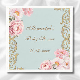 Servilleta De Papel Dusty Blue Rococo Pink Floral Baby Shower