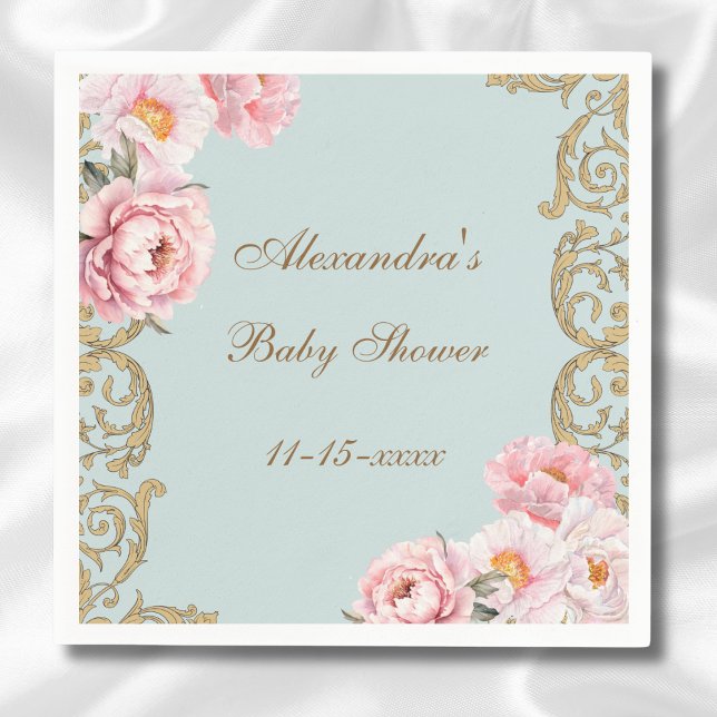 Servilleta De Papel Dusty Blue Rococo Pink Floral Baby Shower (Subido por el creador)