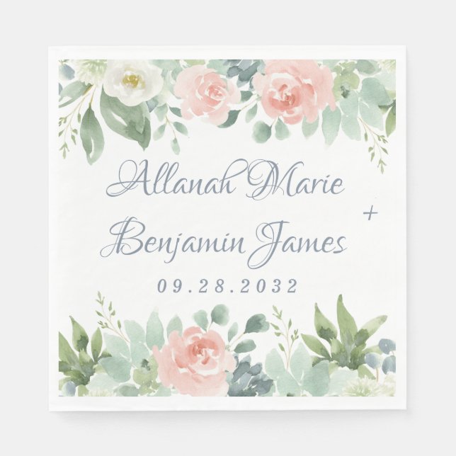 Servilleta De Papel Dusty Blue Rubor Succulent Floral Garden Wedding (Anverso)