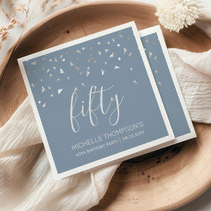 Servilleta De Papel Dusty Blue Silver Confetti 50 cumpleaños
