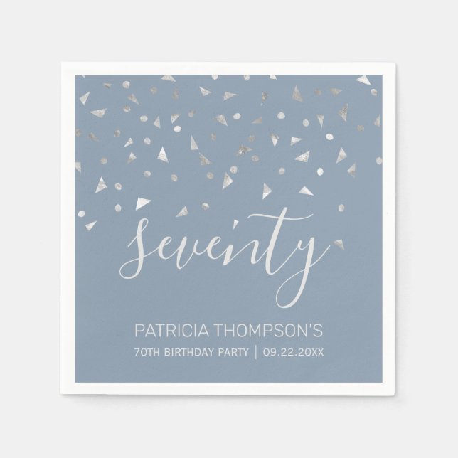 Servilleta De Papel Dusty Blue Silver Confetti 70 cumpleaños (Anverso)