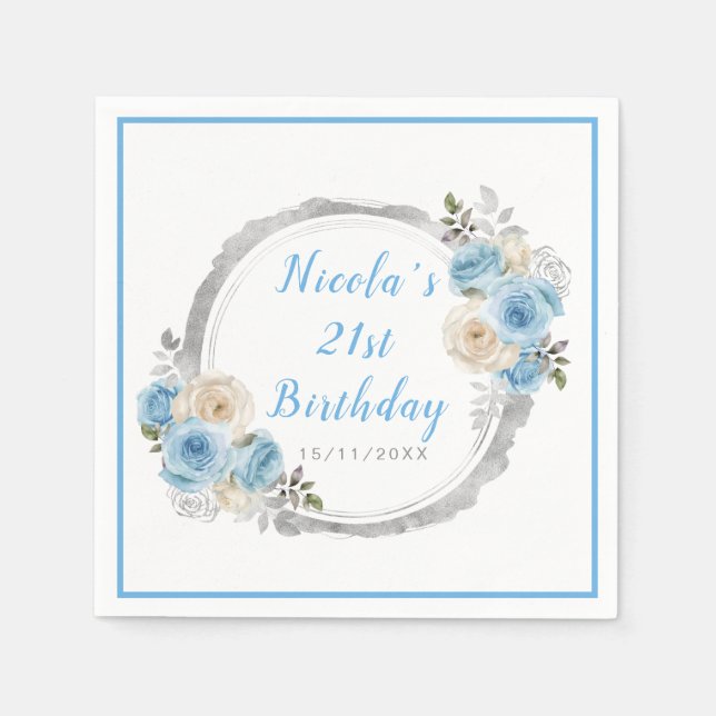 Servilleta De Papel Dusty Blue Silver Elegant Flowday Party (Anverso)