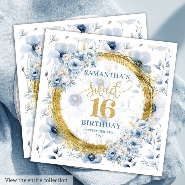 Servilleta De Papel Dusty Blue Sweet Personalizado Dieciséis Purpurina (Personalized Dusty Blue Sweet Sixteen Gold Glitter Napkins)