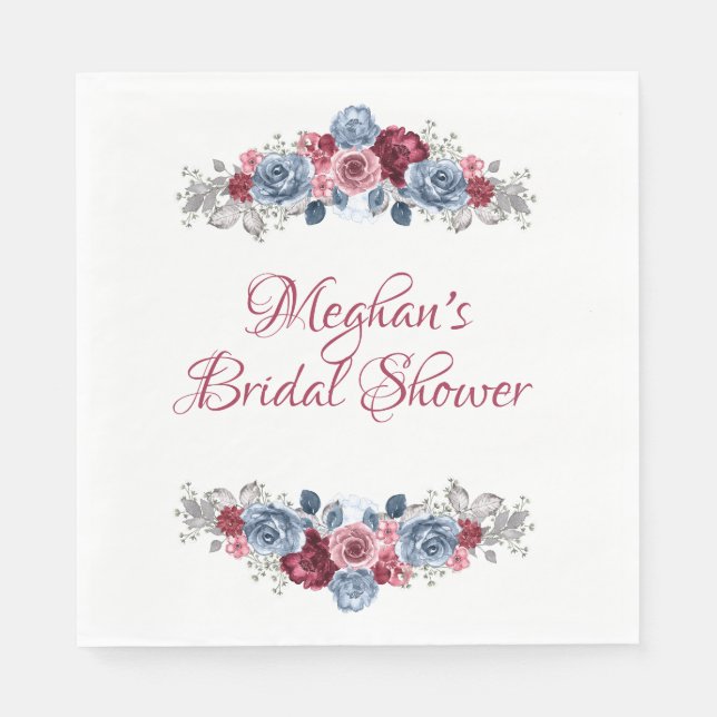 Servilleta De Papel Dusty Blue y Burgundy Bridal Shower Napkins (Anverso)