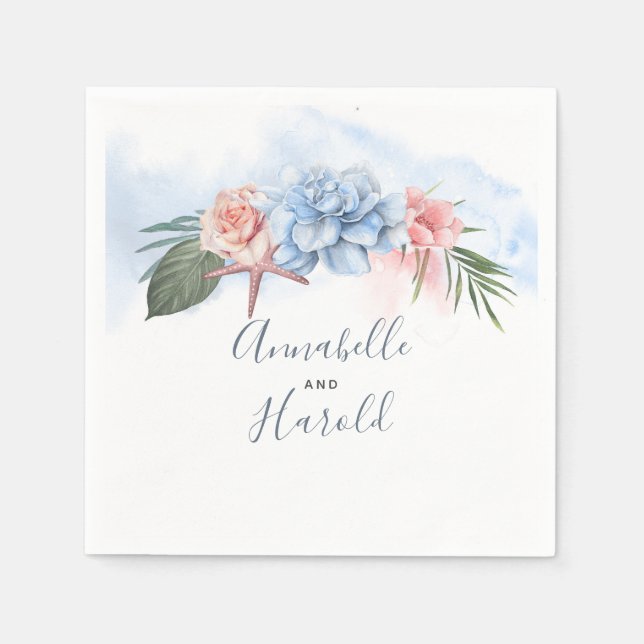 Servilleta De Papel Dusty Blue y Rubor Beach Wedding (Anverso)