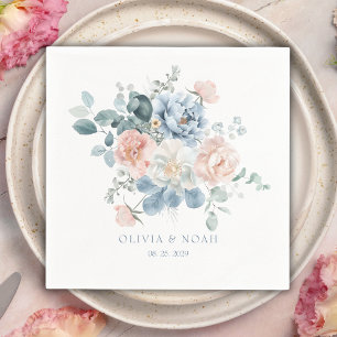 Servilleta De Papel Dusty Blue y Rubor Pink Floral Garden Wedding