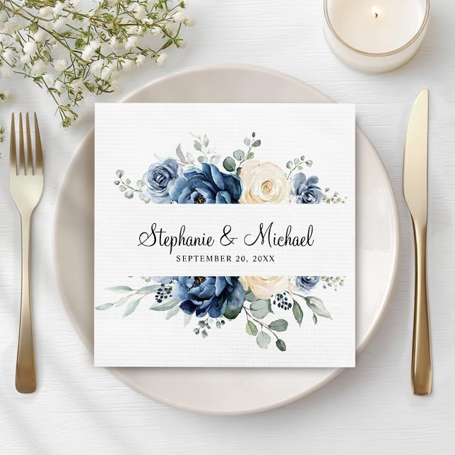 Servilleta De Papel Dusty Marina Azul Champagne Boda de marfil (Dusty Blue Navy Champagne Ivory Floral Wedding Napkins)